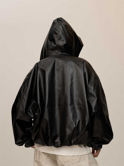 Women's Black Hooded Leather Coat