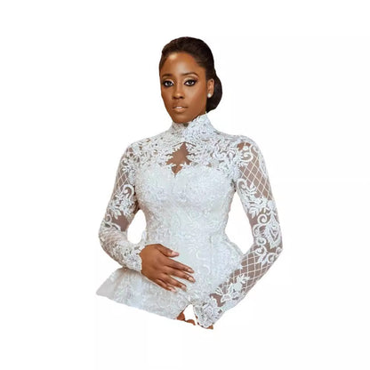 African Bridal Lace Long Sleeve Stand Collar Wedding Dress