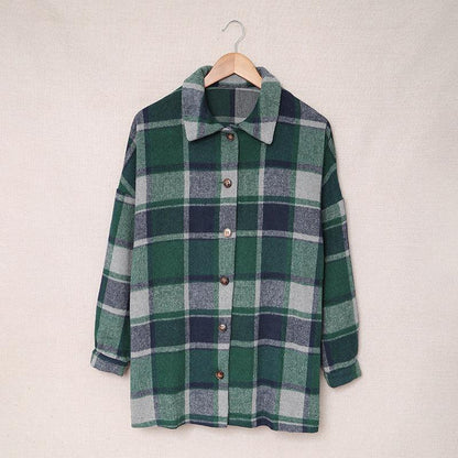 Women's Long-sleeved Lapel Button-breasted Plaid Shirt Jacket - Cruish Home