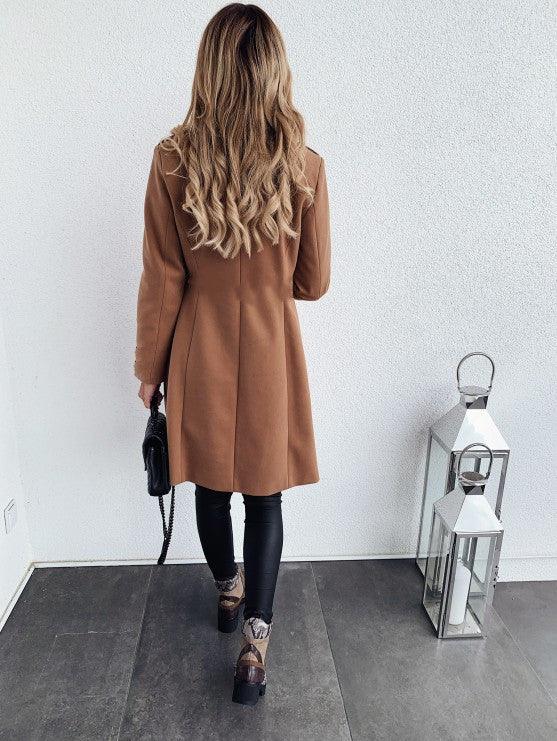 Solid color double breasted woolen coat - Cruish Home