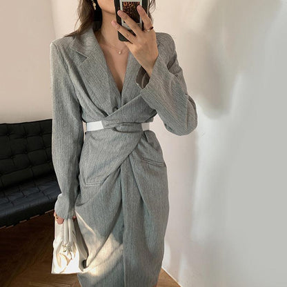 Korean Style Gray Temperament Design Sense V-neck Waist Mid-length Slim Dress - Cruish Home