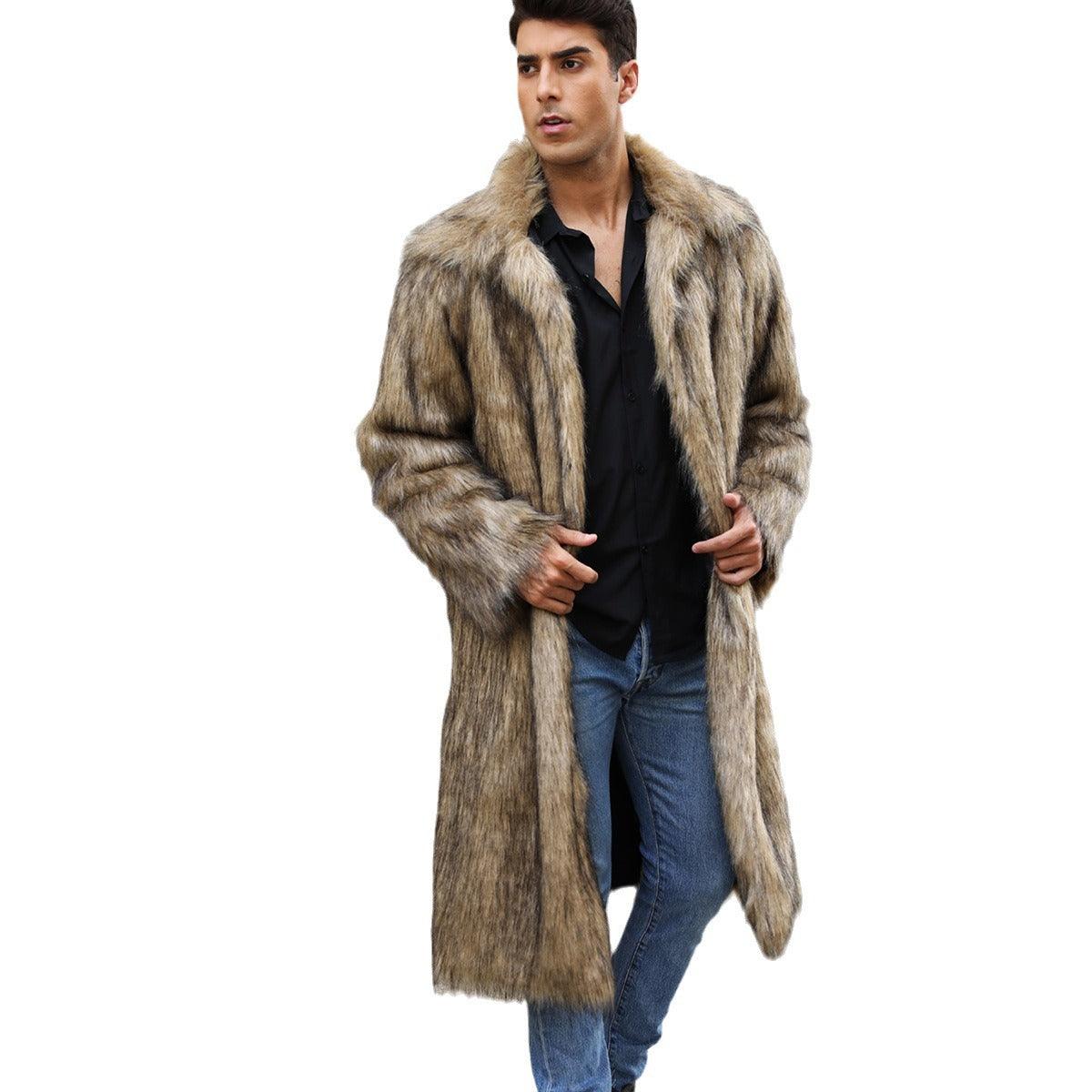 Yellow Lapel Imitation Fox Fur Men's Long Coat - Cruish Home