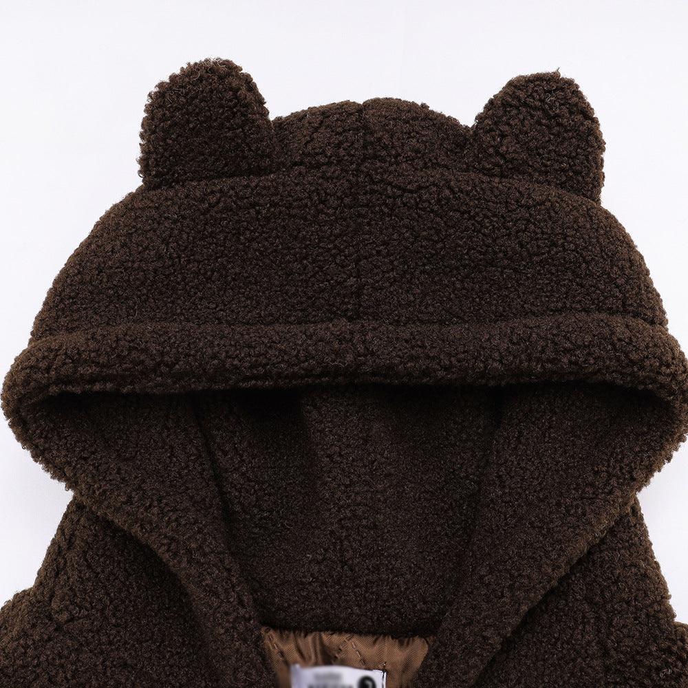 Embroidered Teddy Bear Ear Hooded Lamb Wool Coat - Cruish Home