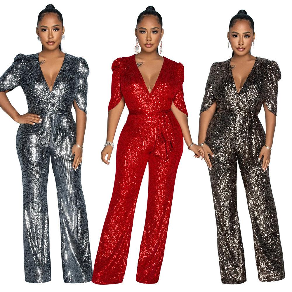 V-neck Half-sleeve Slim Fit Sequined Party Jumpsuit - Cruish Home