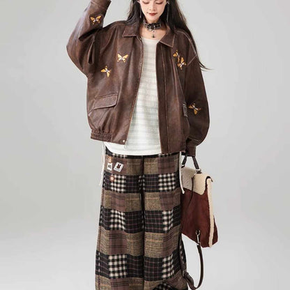 Butterfly Embroidery High-grade Brown Leather Coat