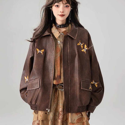 Butterfly Embroidery High-grade Brown Leather Coat