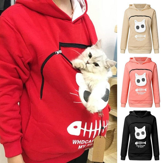 Women Hoodie Sweatshirt With Cat Pet Pocket Design Long Sleeve Sweater Cat Outfit - Cruish Home