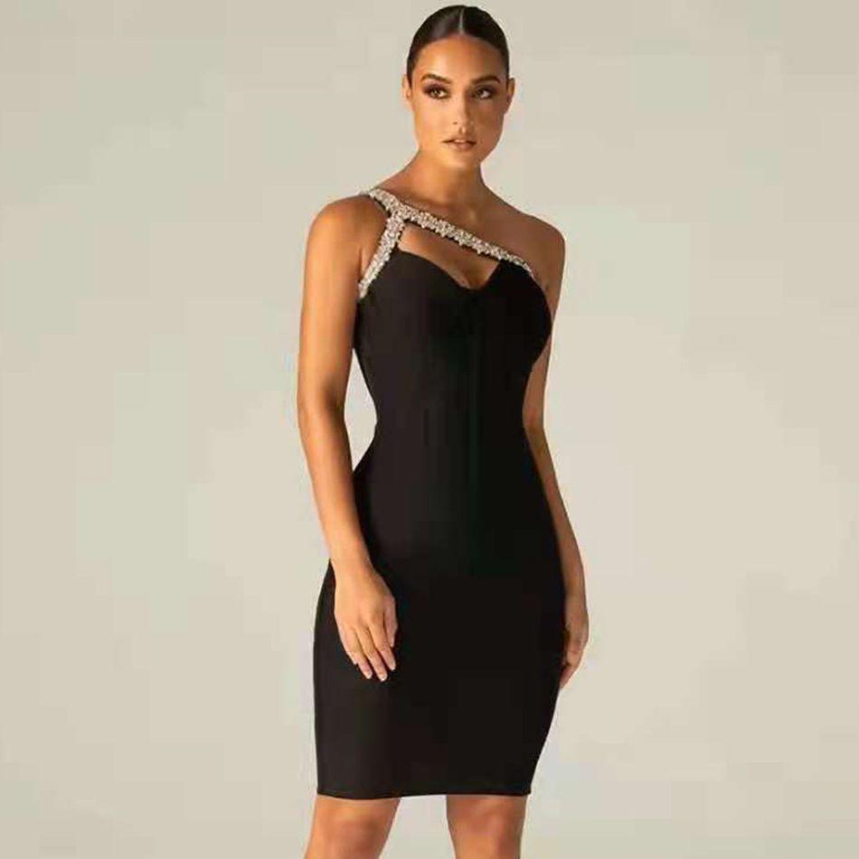 Slim Fit Black Bandage Dress With Rhinestone Panels - Cruish Home