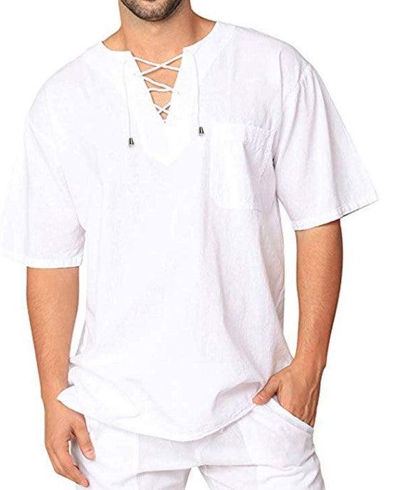 Eyelet Tie Cotton Linen Men's Short Sleeve Shirt - Cruish Home