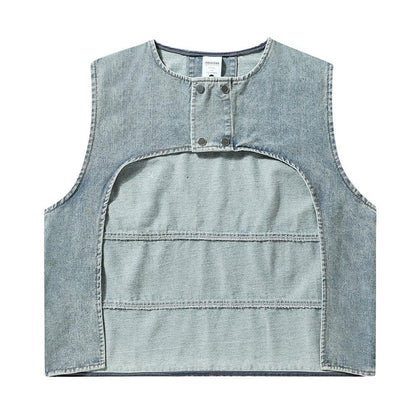 Denim Vest Men's Loose Casual High Street Patchwork Round Neck Coat - Cruish Home