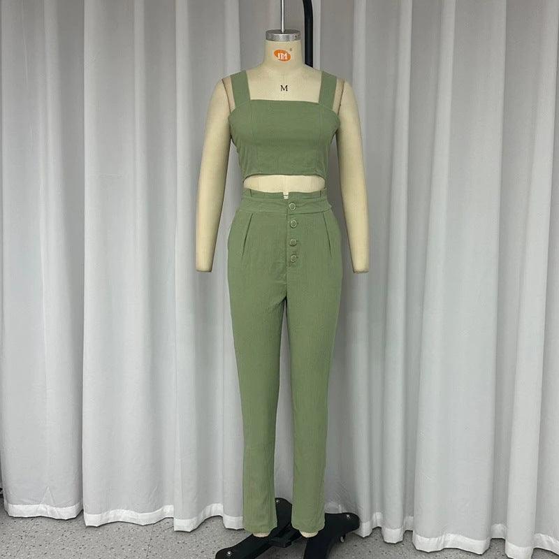 Solid Color Short Crop-top Spaghetti-strap Top High Waist Trousers Two-piece Set - Cruish Home