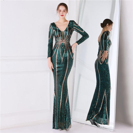 New Banquet Elegant Long-sleeved Sequined Aura Queen Fishtail Dress - Cruish Home