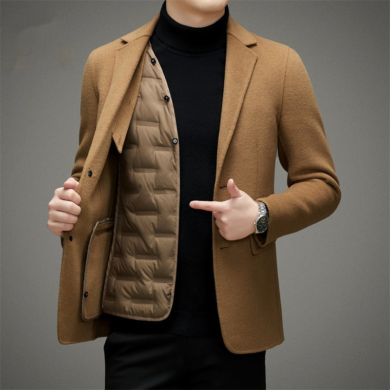 Men's High-end Suit Reversible Woolen Coat Short Detachable 90 White Duck Down Liner Suit Jacket