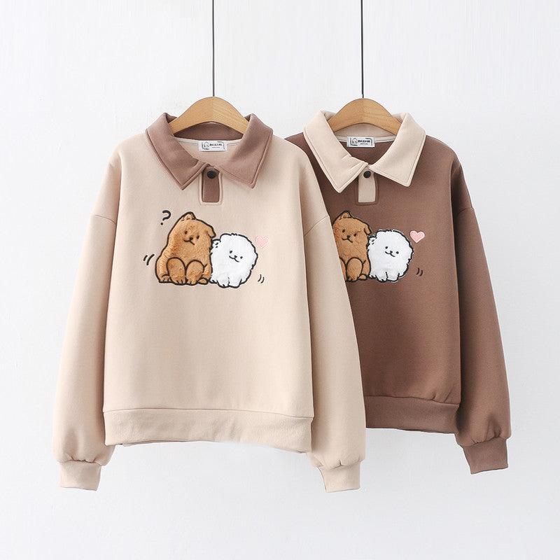 Japanese College Style Cartoon Wool Dog Fleece-lined Thickened Pullover Long Sleeve Sweater - Cruish Home