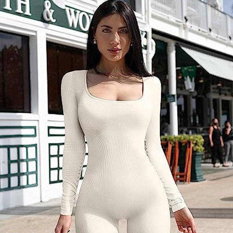 Women's Yoga Sports Fitness Jumpsuit Workout Long Sleeve Square Collar Clothing - Cruish Home