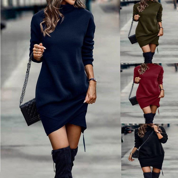 Long Sleeve Dress Solid Color High Neck Cross Short Dress Womens Clothing - Cruish Home