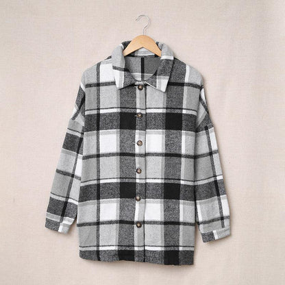 Women's Long-sleeved Lapel Button-breasted Plaid Shirt Jacket - Cruish Home