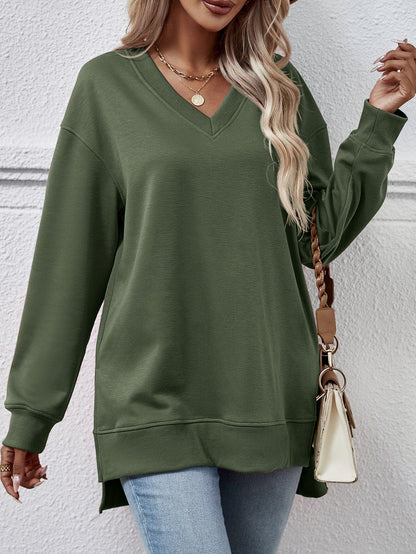 Solid Color And V-neck Split Front Short Back Long Sweater - Cruish Home