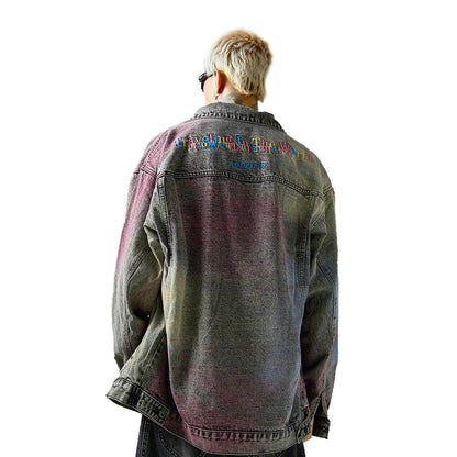 Colored String Spray Embroidery Denim Coat Tie-dyed Washed And Worn Loose - Cruish Home