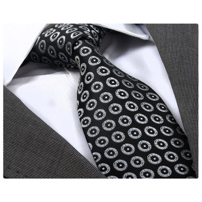 Men's Fashion Black Silver Circles Squares Neck Tie Gift box