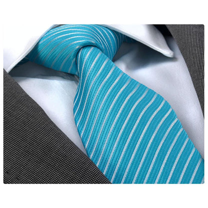 Men's Fashion Turqouise Blue White Lines Neck Tie Gift box