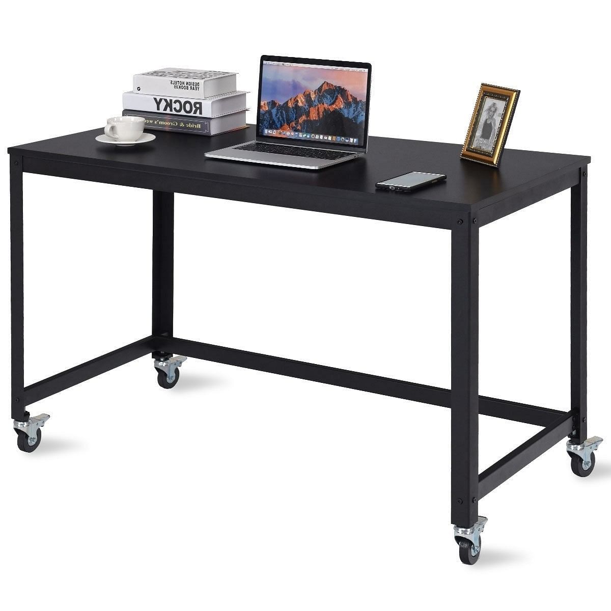 Mobile Steel Frame Laptop Computer Desk with Black Wood Top and