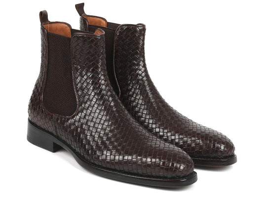 Paul Parkman Chocolate Brown Woven Leather Chelsea Boots