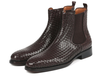 Paul Parkman Chocolate Brown Woven Leather Chelsea Boots