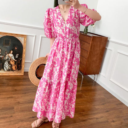 Spring And Summer New Layered Long Dress Printed Puff Sleeve Rose Red - Cruish Home