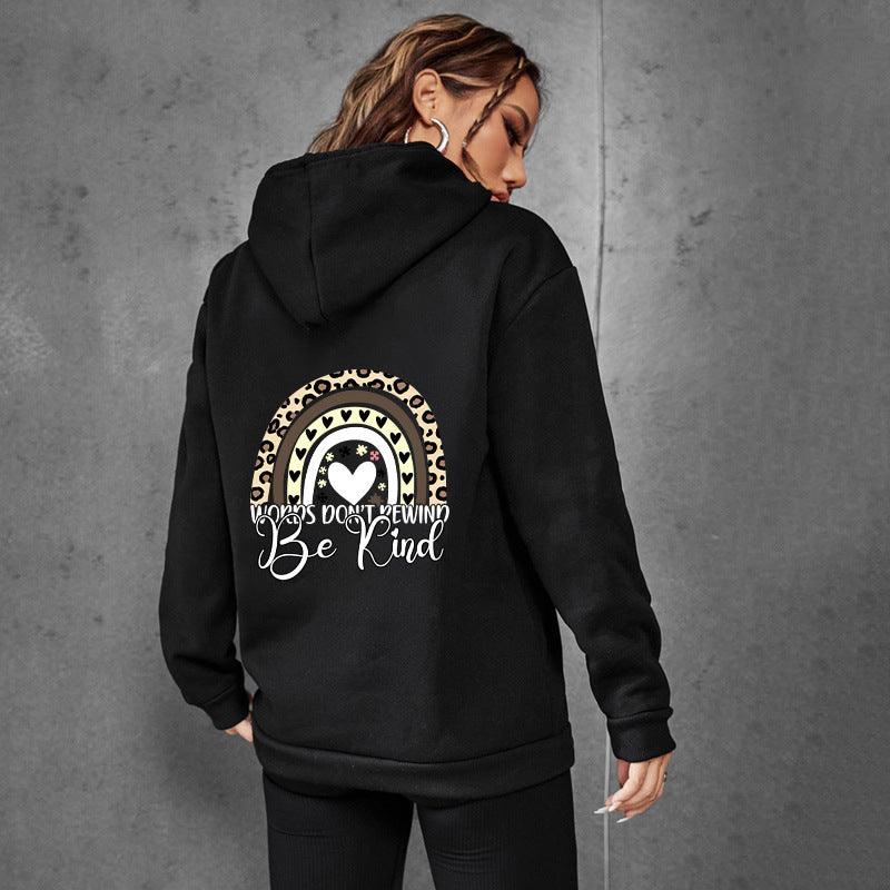 Be Kind Letter Print Hooded Heel Wrapped Collar Brushed Hoody Women - Cruish Home