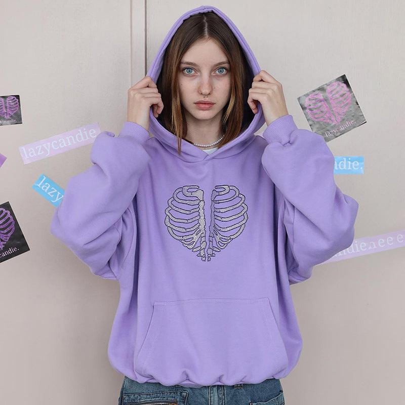 Trendy Skeleton Rhinestone Loose Hooded Sweater - Cruish Home