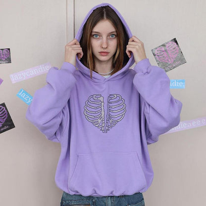 Trendy Skeleton Rhinestone Loose Hooded Sweater - Cruish Home