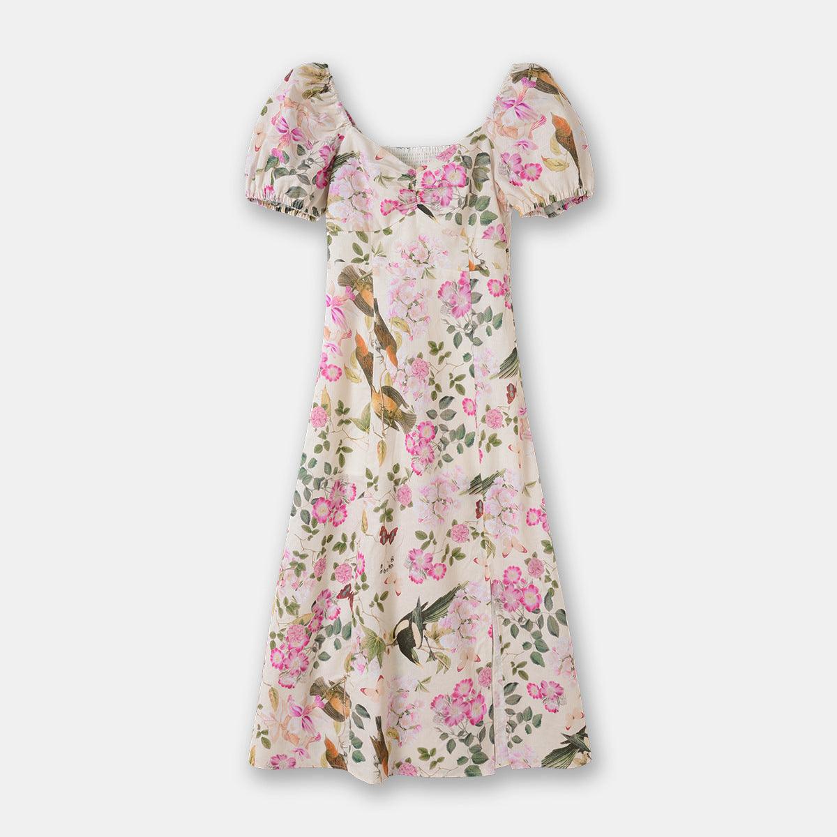 Spring And Summer Puff Sleeve Linen Mid-length Flower Print Tea Dress - Cruish Home