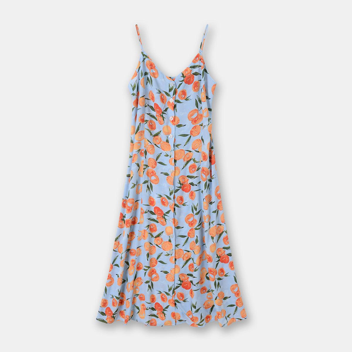 French Strap Single-breasted Dress Fruit Orange Printed Vacation Style Mid-length Dress - Cruish Home