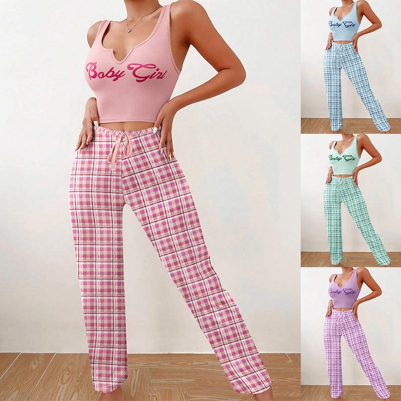 Homewear Vest Color Matching Plaid Trousers Letter Print Top Pajamas For Women - Cruish Home