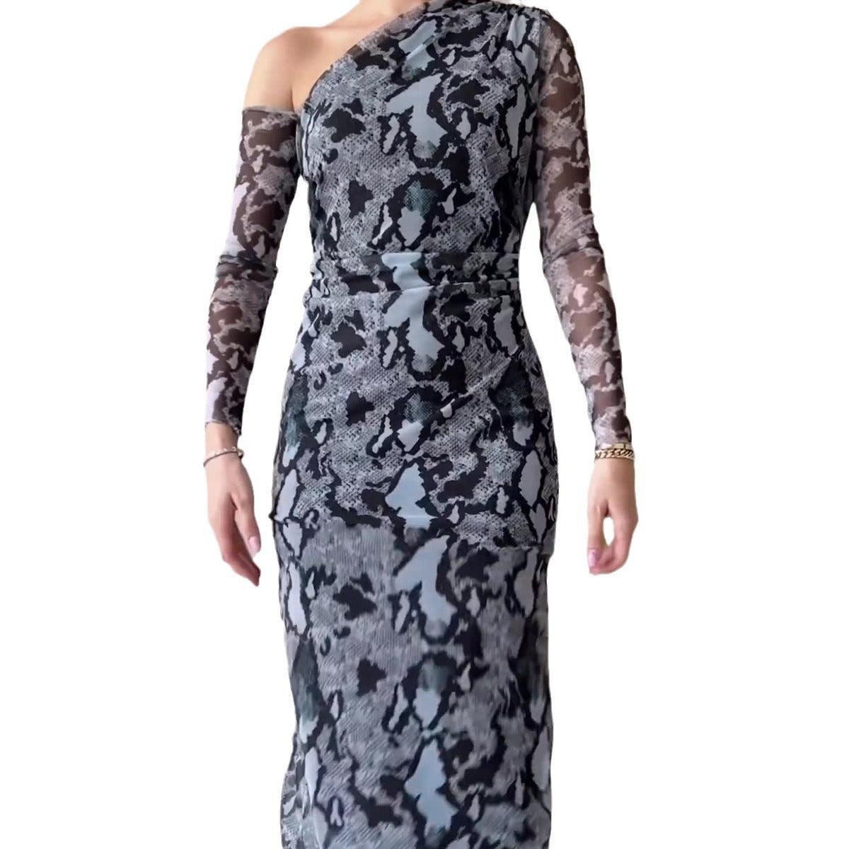 Women's Snake Print Long Sleeve Narrow Slim Fit Dress - Cruish Home