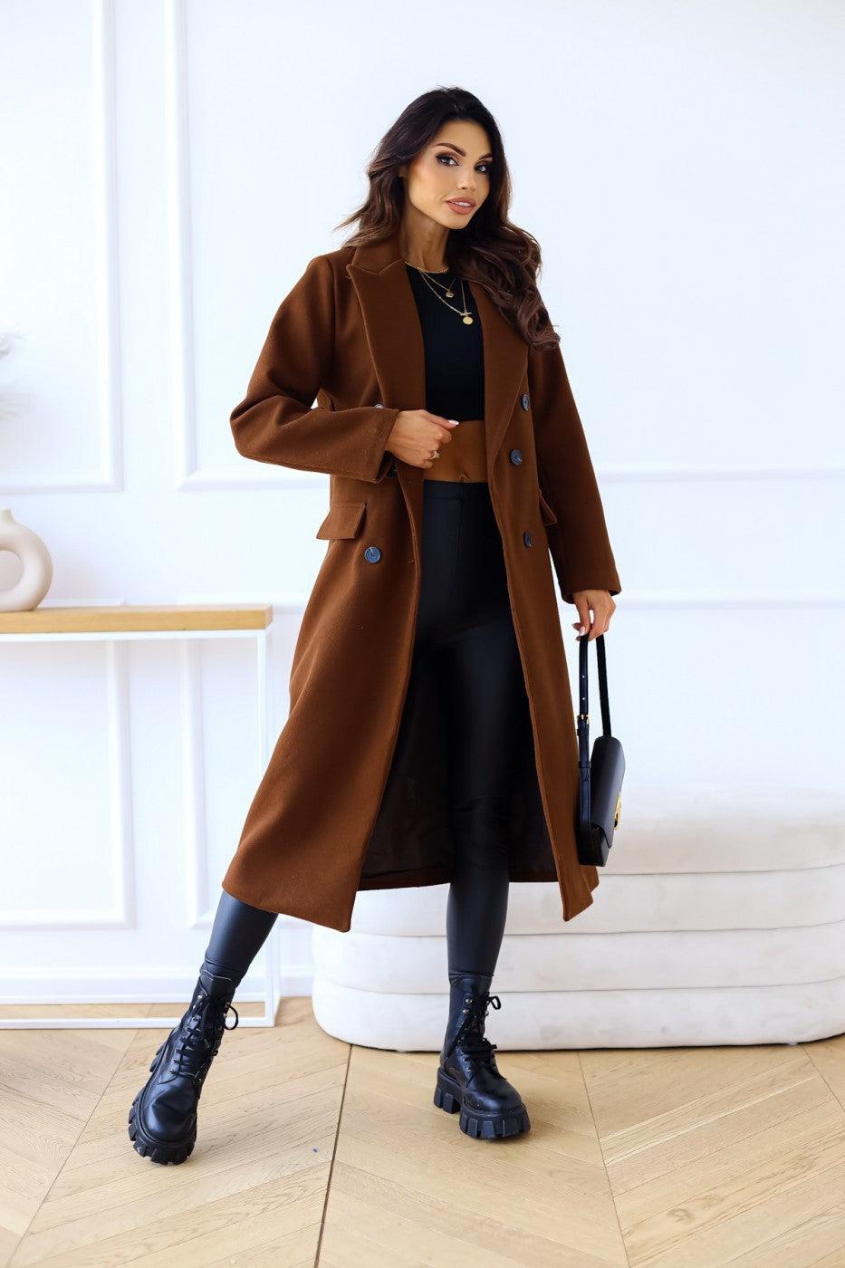 Women's Fashion Simple Double Breasted Long Sleeve Lapel Button Woolen Coat - Cruish Home