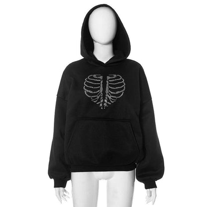 Trendy Skeleton Rhinestone Loose Hooded Sweater - Cruish Home