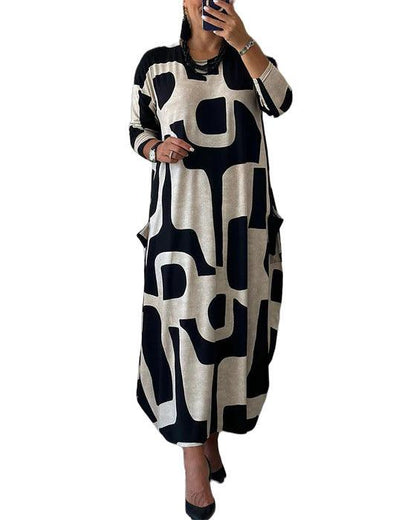 Women's Fashion Printed Loose Round-neck Long-sleeved Dress - Cruish Home