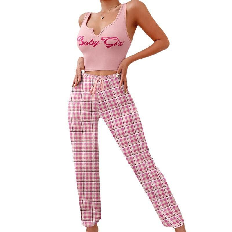 Homewear Vest Color Matching Plaid Trousers Letter Print Top Pajamas For Women - Cruish Home