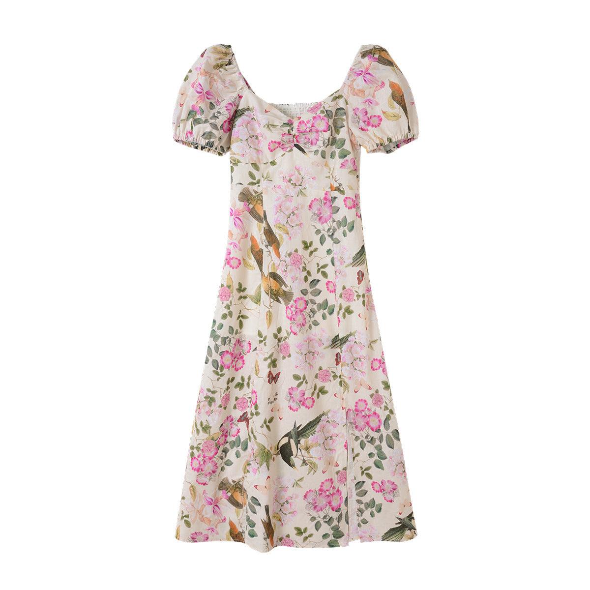 Spring And Summer Puff Sleeve Linen Mid-length Flower Print Tea Dress - Cruish Home