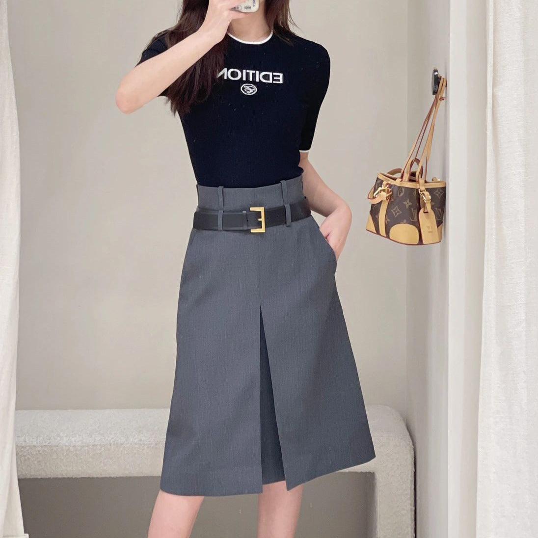 Women's Skirt Gray Worsted Pleated Suit A- Line Skirt Business Wear - Cruish Home