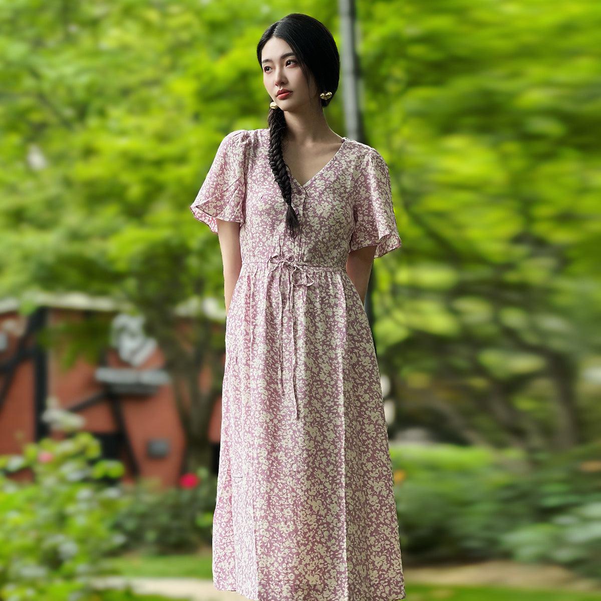 Spring And Summer New Lotus Leaf Sleeve V-neck Long Dress French Waist Floral Skirt - Cruish Home