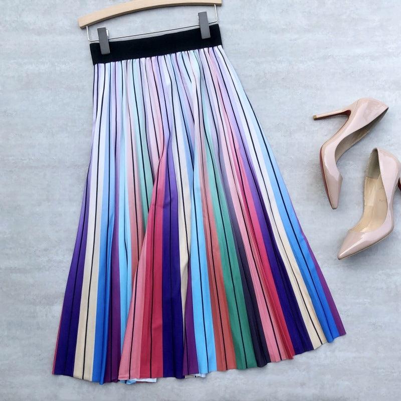 Women's High Waist Rainbow Printing Pleated Skirt - Cruish Home