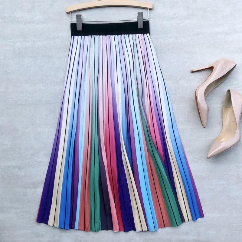 Women's High Waist Rainbow Printing Pleated Skirt - Cruish Home