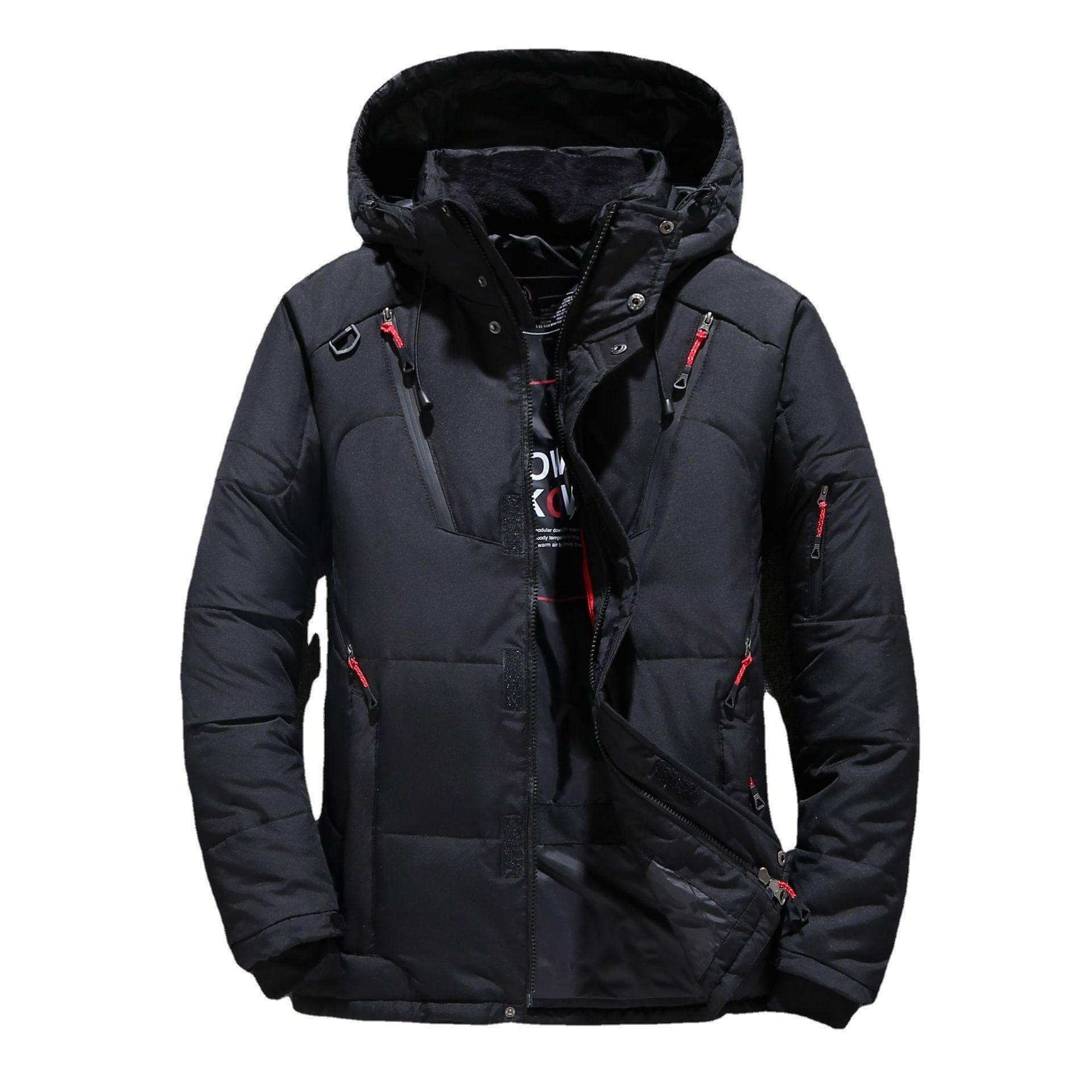 Men's Short Winter Thick White Duck Down Hooded Jacket Multi-pocket Outdoor Set - Cruish Home