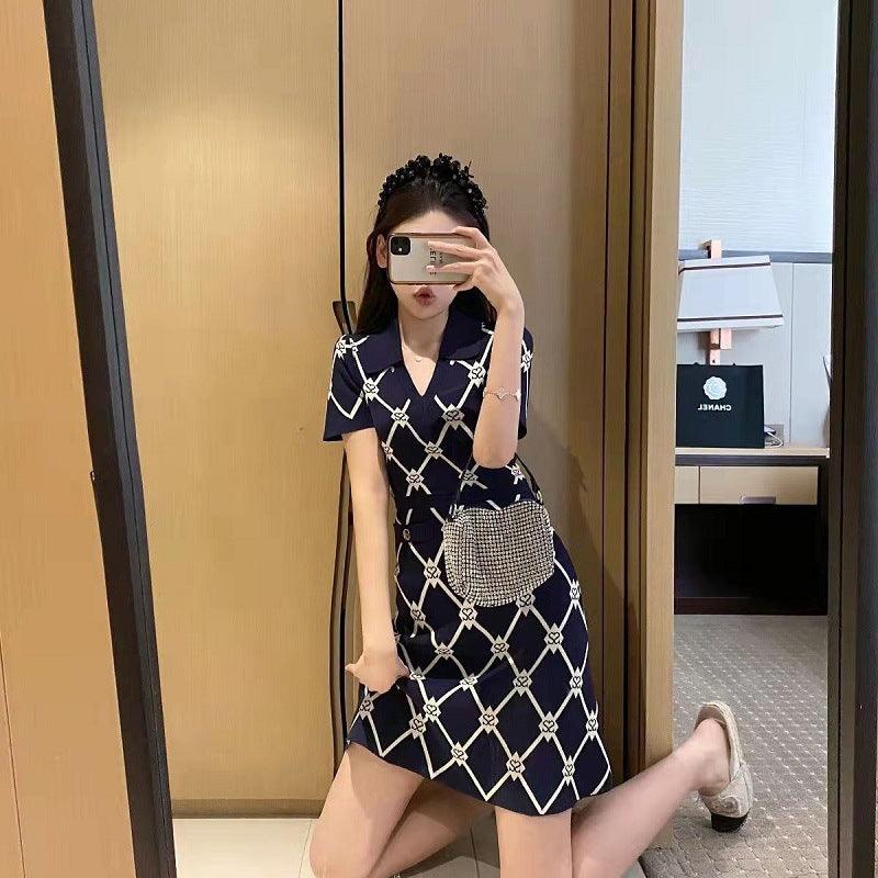 Letter Diamond Plaid Knitted Dress Women's V-neck Short Sleeve A- Line Skirt - Cruish Home