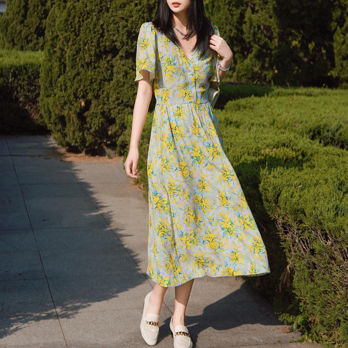 Spring And Summer New Lotus Leaf Sleeve V-neck Long Dress French Waist Floral Skirt - Cruish Home