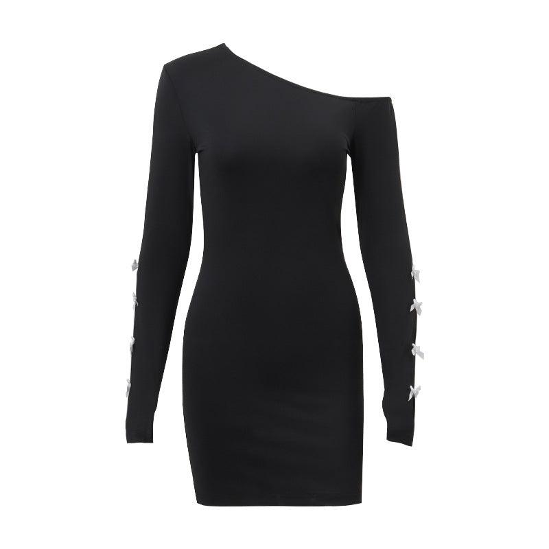 Women's Diagonal Collar Bow Slim-fit Long Sleeve Dress - Cruish Home