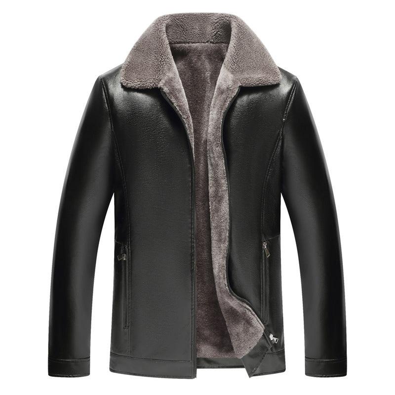 Men's Fashion Casual Polo Collar Fleece-lined Thickened Leather Jacket Coat - Cruish Home